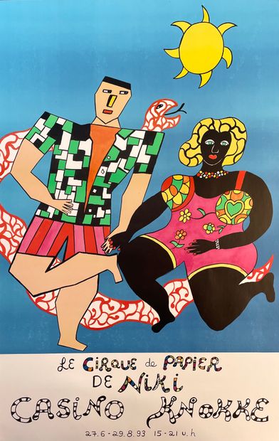 SAINT-PHALLE (Niki de). 海报（1993年）。为在克诺克赌场举办的 "尼基的纸马戏团 "展览而出版的彩色胶印版。支持物和主题的尺寸：69.5...