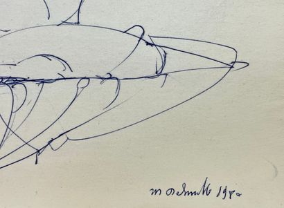 DELMOTTE (Marcel). "组成"（1980年）。Biros纸上绘画，右下角有日期和签名。支持物和主题的尺寸：18 x 28厘米。