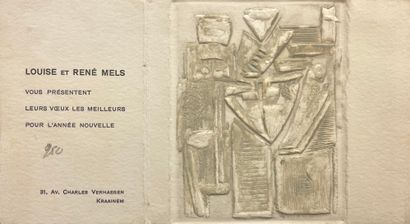 MELS (René). 一套3幅蚀刻画，其中2幅有铅笔签名，取自贺卡和《人与人的关系》一书。各种尺寸。