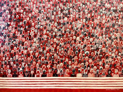 COULON (Berthe). "Crowd" (1970). Oil on panel, dated and signed in the lower right...
