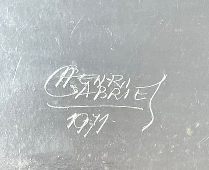 GABRIEL (Henri Brouwers, dit Henri). "组成"（1971）。银色纸上的拼贴画，左下角有日期和签名，装在红色木框中。框架尺寸：67...