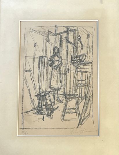 null GIACOMETTI (Alberto)."安妮特在工作室"（1954年）。22/30，用铅笔签名，安装在帕斯帕特和镀金木框中。画框尺寸：63.5 x...