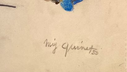 QUINET (Mig). "溜冰者"（1950年）。纸上水彩、水粉和印度墨水，右下角有签名，装在垫子和木框下。框架尺寸：87 x 74厘米；主题：65.5 x...
