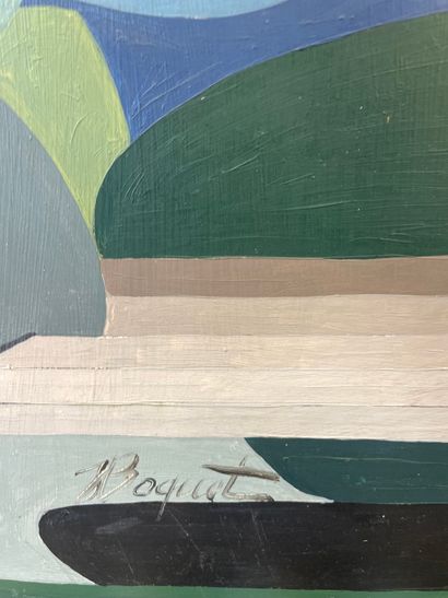 BOQUET (Jean). "构成"。油画在面板上，左下角有签名。支架和主题的尺寸：67 x 52厘米（材料的细微损失）。