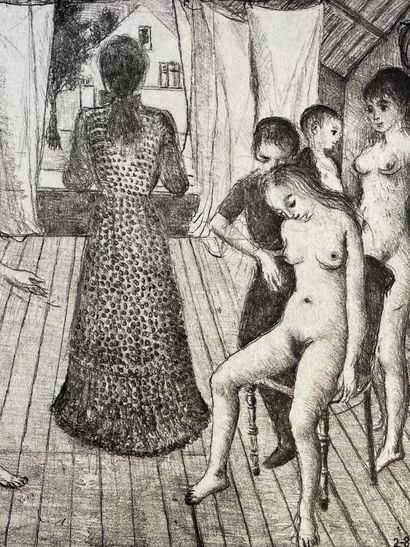 DELVAUX (Paul). "阁楼"（1982年）。黑色蚀刻版画，印在Japon nacré上，只有36/75，有铅笔签名，装在银色木框中。框架尺寸：81 x...