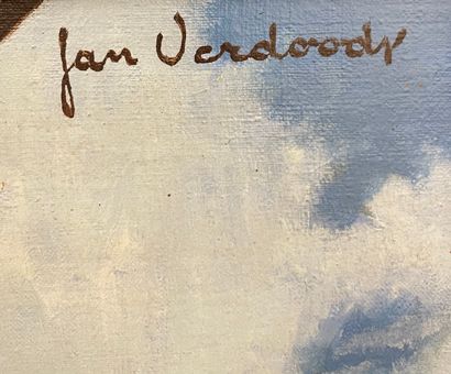 VERDOODT (Jan). "La Joie". Huile sur toile marouflée sur panneau, signée au coin...