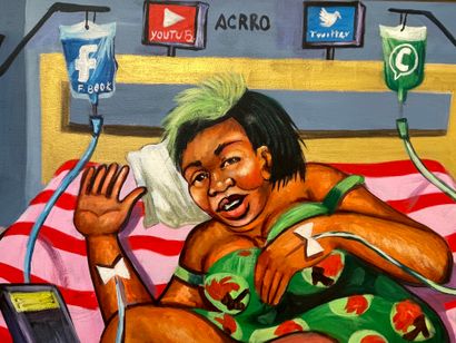 null MOKE FILS. "Accro aux réseaux sociaux" (2022). Huile sur toile, datée et signée...