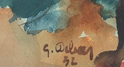 DE BEER (Gaston). "普罗旺斯之景"（1932年）。纸上水彩画，右下角有签名和日期，装在白色垫子和鎏金木框中。框架尺寸：64 x 54厘米；主题：43.5...