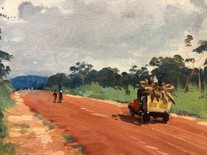 null MARQUES (Guilherme)."非洲的热闹之路"（1940年）。画板上的油画，左下角有日期和签名。支持物和主题的尺寸：40 x 49.5厘米...