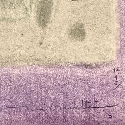GUIETTE (René). "构图"（1967）。纸上混合媒体，右下角有日期和签名，装在黑色木框中。框架尺寸：91.5 x 61.5厘米；主题：72 x 4...