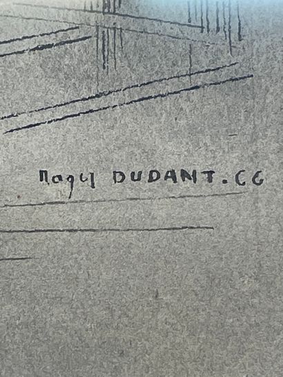 DUDANT (Roger). "风景"（1987）。纸上水彩和墨水，右下角有日期和签名，装在黑色垫子和银色铝框中。框架尺寸：73 x 94厘米；主题：54,5...
