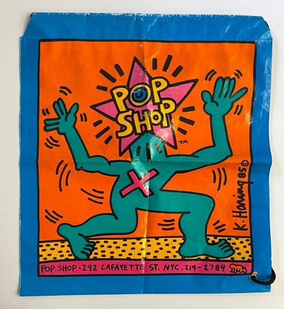 HARING (Keith). "Pop Shop". Sac plastique entièrement illustré provenant du Pop Shop...