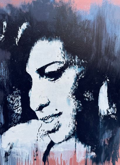 null SOYER (Tom). "Amy Winehouse". Oil and spray on panel, signed on the lower right...