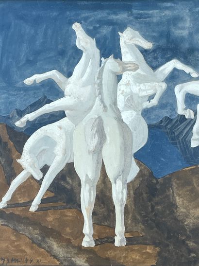 DOBRZYCKI (Zygmunt). "马，挂毯的研究"（1944年）。纸上水粉画，左下角有日期和签名，装在一个木框里。框架尺寸：29.5 x 35厘米；主题：23.5...