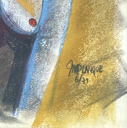 PLANQUE (Jean-Marie). "立体派女人"（1971年）。纸上水粉画，右下角有日期和签名，装在一个木框里。画框尺寸：50.5 x 36厘米；主题：48.5...