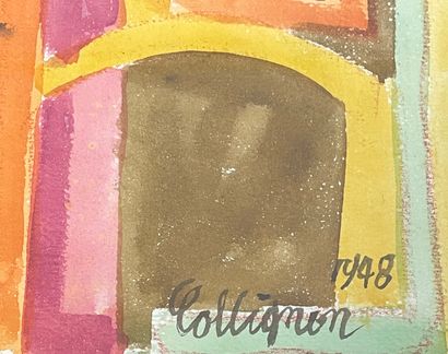 COLLIGNON (Georges). "构图"（1948年）。纸上水彩画，右下角有日期和签名，装在黑色木框中。框架尺寸：70.5 x 84.5厘米；主题：48.5...