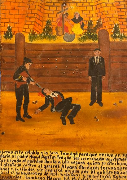 null Ecole Mexicaine. "Le Condamné à mort" (1927). Ex Voto. Huile sur tôle avec texte...