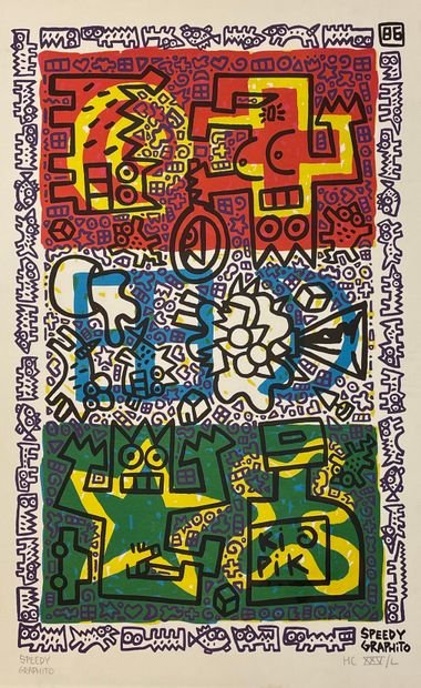 null 斯蒂夫-格利托无题（1986）。彩色石板画，印在梭织纸上，只是。H.C. XXV/L，用铅笔签名。底座尺寸：58 x 39厘米；主题：49 x 30厘...