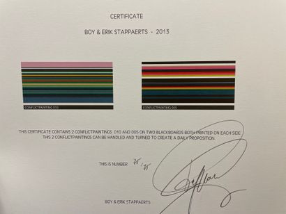 null STAPPAERTS（男孩和埃里克）。"冲突绘画010"（2013）和 "冲突绘画005"（2013）。2张彩色胶版的会议，正反面，只有75/75，包括一个用铅笔签名的证书。版块由Ronny...