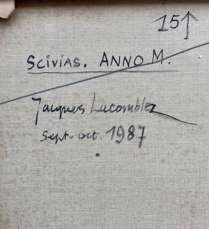 LACOMBLEZ (Jacques). "Scivias.Anno M"（1987）。布面油画，背面有标题、日期和签名，装在一个美国木箱中。框架尺寸：68 x...