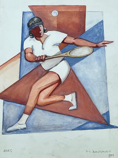 BAUGNIET (Marcel-Louis). "博格"（1983）。纸上水粉画，右下角有标题、日期和签名，装在垫子和木框下。框架尺寸：51 x 42厘米；主题：35...