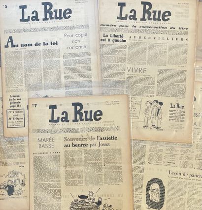 "La Rue". 收集了1946年5月至1947年11月期间出版的9期该杂志。第1期（？）和第5至12期。投稿者包括阿尔伯特-加缪、莱奥-马利特、雅克-普雷弗特、雷蒙-奎诺、乔治-里贝蒙-德赛尼埃、伯纳德-布利尔、鲍里斯-维安、让-维拉尔、安东宁-阿尔托、让-里索、伊夫-蒙丹、穆鲁吉等人。Léo...