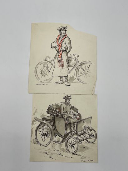 null BISCARETTI di RUFFIA (Carlo). "Cars and motorcycles" (1950-1951). Set of 8 drawings...