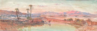null BLACK (Maxime). "Orientalist landscape, caravan crossing an oasis". Oil on canvas,...
