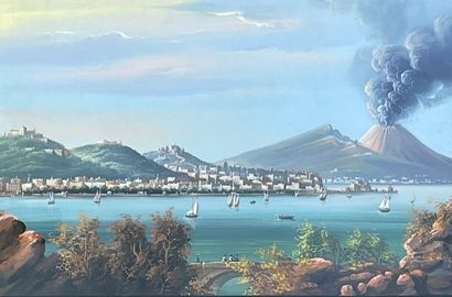 ANONYME. "Baie de Naples" (ca 1850). Gouache sur papier, montée sous cadre en bois....