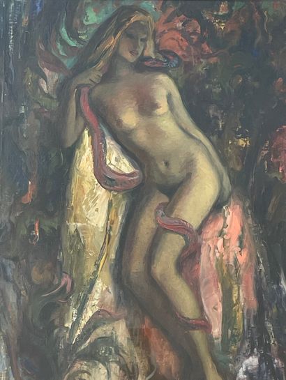 SMETS (Charles Ernest). "Nude with a red snake". Oil on canvas mounted on cardboard,...