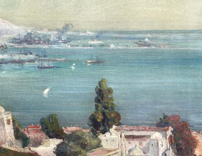 null BLACK (MAXIME). "On the heights of Algiers, view of the port". Oil on canvas,...