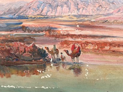 null BLACK (Maxime). "Orientalist landscape, caravan crossing an oasis". Oil on canvas,...