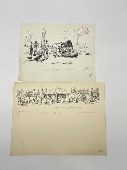 null 贾卡诺。一套4张印度墨水画，都有签名。各种尺寸：从15.5 x 24厘米到24 x 31厘米。1953年和1954年之间为杂志画的画，有布局标记。