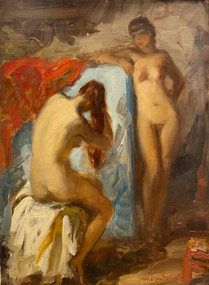 SMETS (Charles Ernest). "Nude with mirror". Oil on canvas mounted on cardboard, signed...