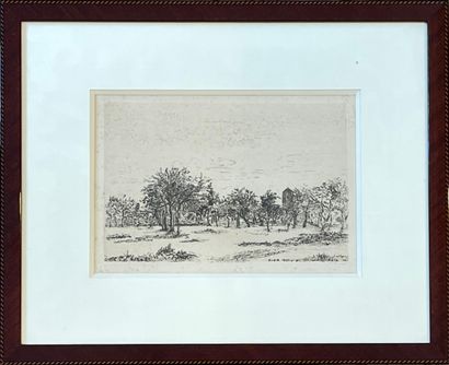 ENSOR (James). "果园"（1886）。黑色蚀刻画，第三状态，日期和签名在版上，安装在垫子和木框下。框架尺寸：34 x 41厘米；主题：16 x 2...