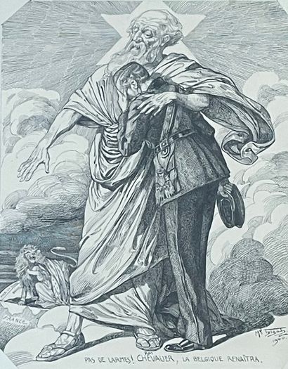 TYTGAT (Médard). "没有眼泪!谢瓦利埃国王，比利时的复兴[原文如此]"（1940）。印度水墨画，右下角有标题、日期和签名，安装在玻璃下。支架尺寸：39.5...