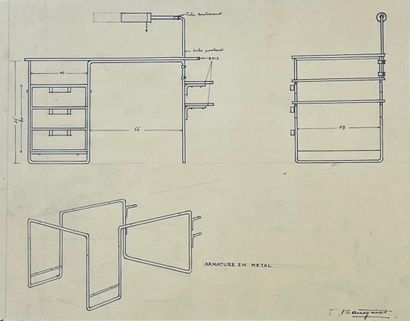 BAUGNIET (Marcel-Louis). "金属框架"。水墨画，右下角有标题和签名，装在一个黑色的木框里。框架尺寸：30 x 40厘米；主题：25 x ...