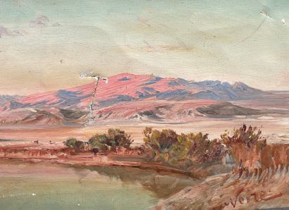null BLACK (Maxime). "Orientalist landscape, caravan crossing an oasis". Oil on canvas,...