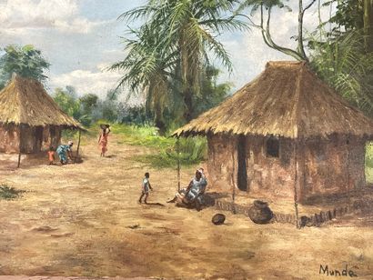 null MUNDA. "African Village". Oil on canvas, signed in the lower right corner. Dim....