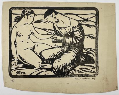 MAMBOUR (Auguste). "情侣"（1944年）。纸上木板，有标题、日期和墨水签名。支架尺寸：18.5 x 23厘米；主题：14.3 x 18厘米（...