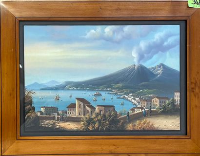 ANONYME. "那不勒斯湾"（约1850年）。水粉画在纸上，装在一个木框里。框架尺寸：40 x 53厘米；主题：27 x 39厘米。