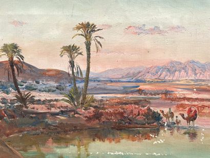 null BLACK (Maxime). "Orientalist landscape, caravan crossing an oasis". Oil on canvas,...