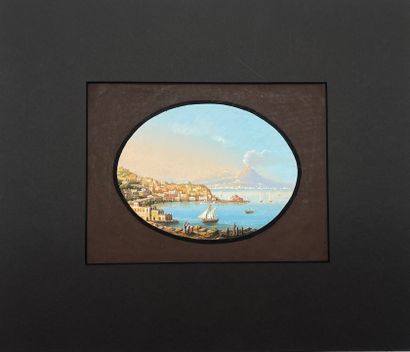 ANONYME. "维苏威火山的景色"。水粉画在纸上，安装在passe-partout下。尺寸：32 x 37.5厘米；主题：16 x 21.5厘米。