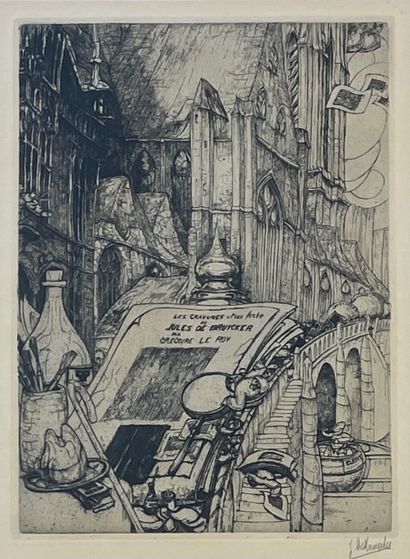 DE BRUYCKER (Jules). "朱尔斯-德-布鲁伊克的蚀刻作品"。黑色蚀刻画，右下角有铅笔签名，装在一个帕斯帕特和镀金的木框中。框架尺寸：40 x 32厘米；主题：21.5...