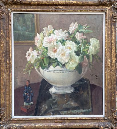 ROGY (Georges). "Nature morte aux roses et à la statuette chinoise" (1926). Huile...