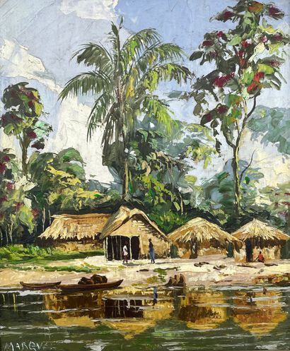null 马奎斯（Guilherme）。"盛开的非洲村"。板面油画，左下角有签名，装在木框中。框架尺寸：39 x 34厘米；主题：30 x 25厘米。