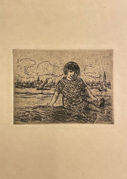 VAN MIEGHEM (Eugène). "Petite fille sur le port". Eau-forte en noir tirée sur papier...