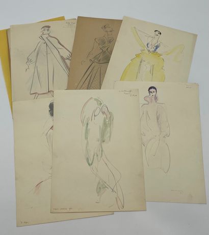 LEJEUNE (Raoul). 一套大约40幅关于时尚的绘画和素描（1932-1936）。一套漂亮的铅笔画和水彩画，其中一幅有日期和签名。支持物和主题的尺寸：（+/-...