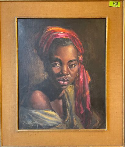 MULDERS (Jean). "戴红领巾的非洲女人》（1956年）。布面油画，左下角有日期和签名，装在一个镀金的木框里。画框尺寸：70 x 59厘米；主题：51...