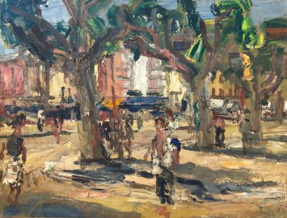 MAAS (Paul). "Provencal Village Square". Oil on paper, mounted on canvas, certified...